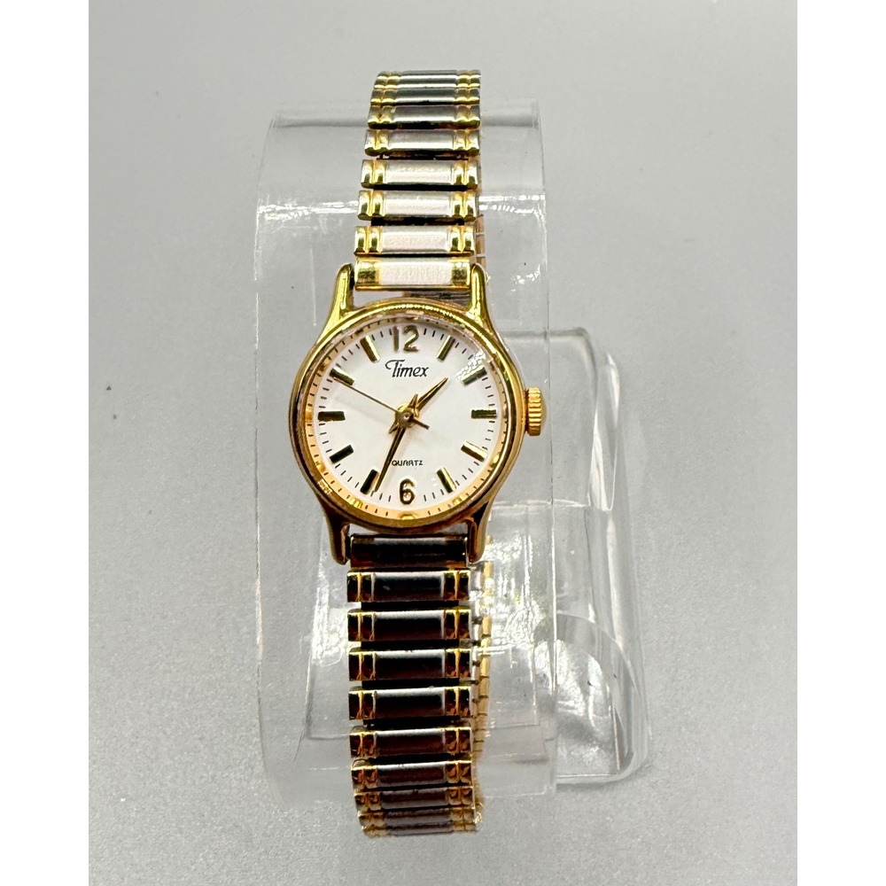 Vintage Timex Ladies Quartz Watch Two-Tone Gold Silver Expansion Band Wht Dial